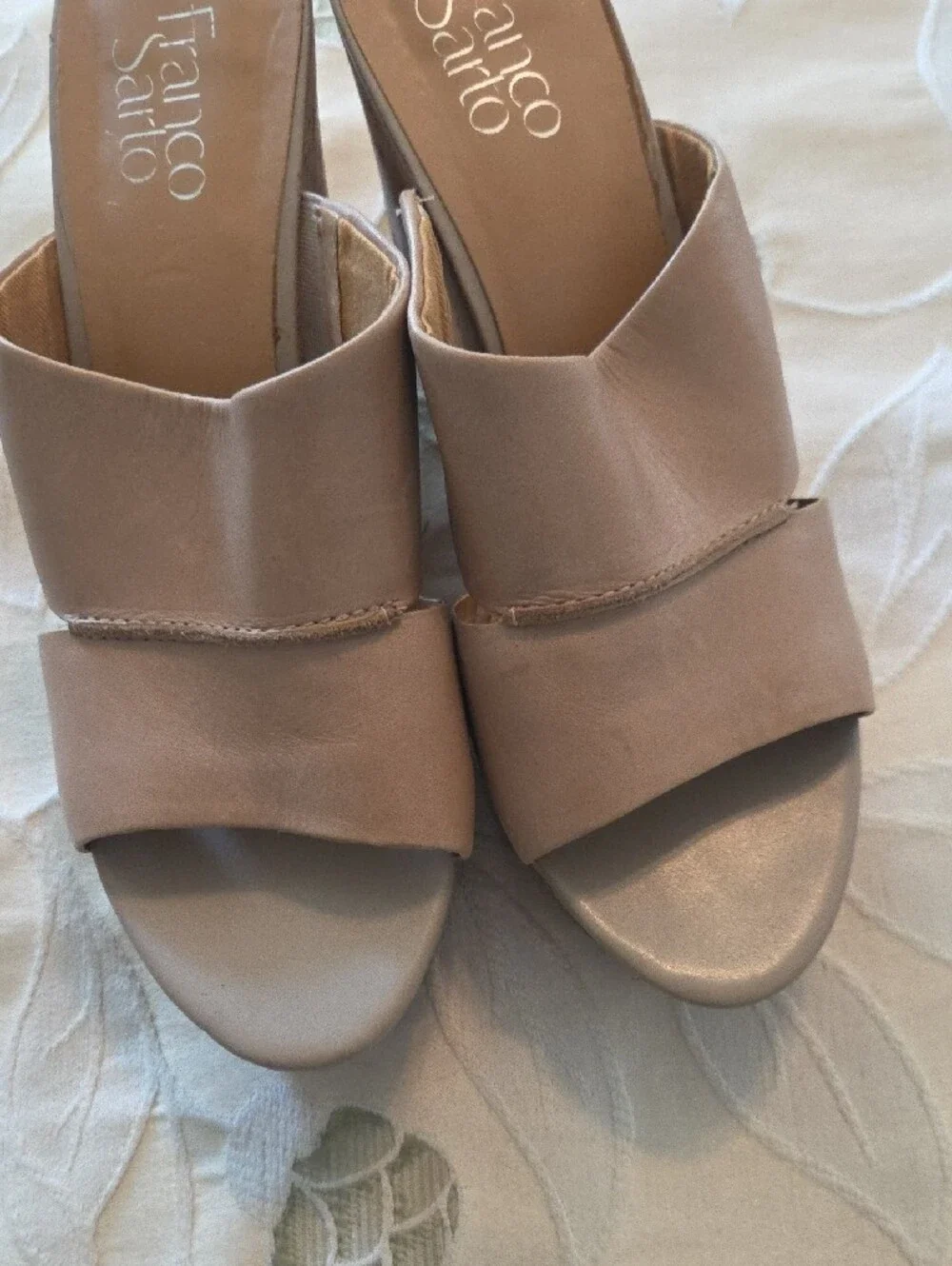 Franco Sarto Nude Leather Cork Wedge Mules